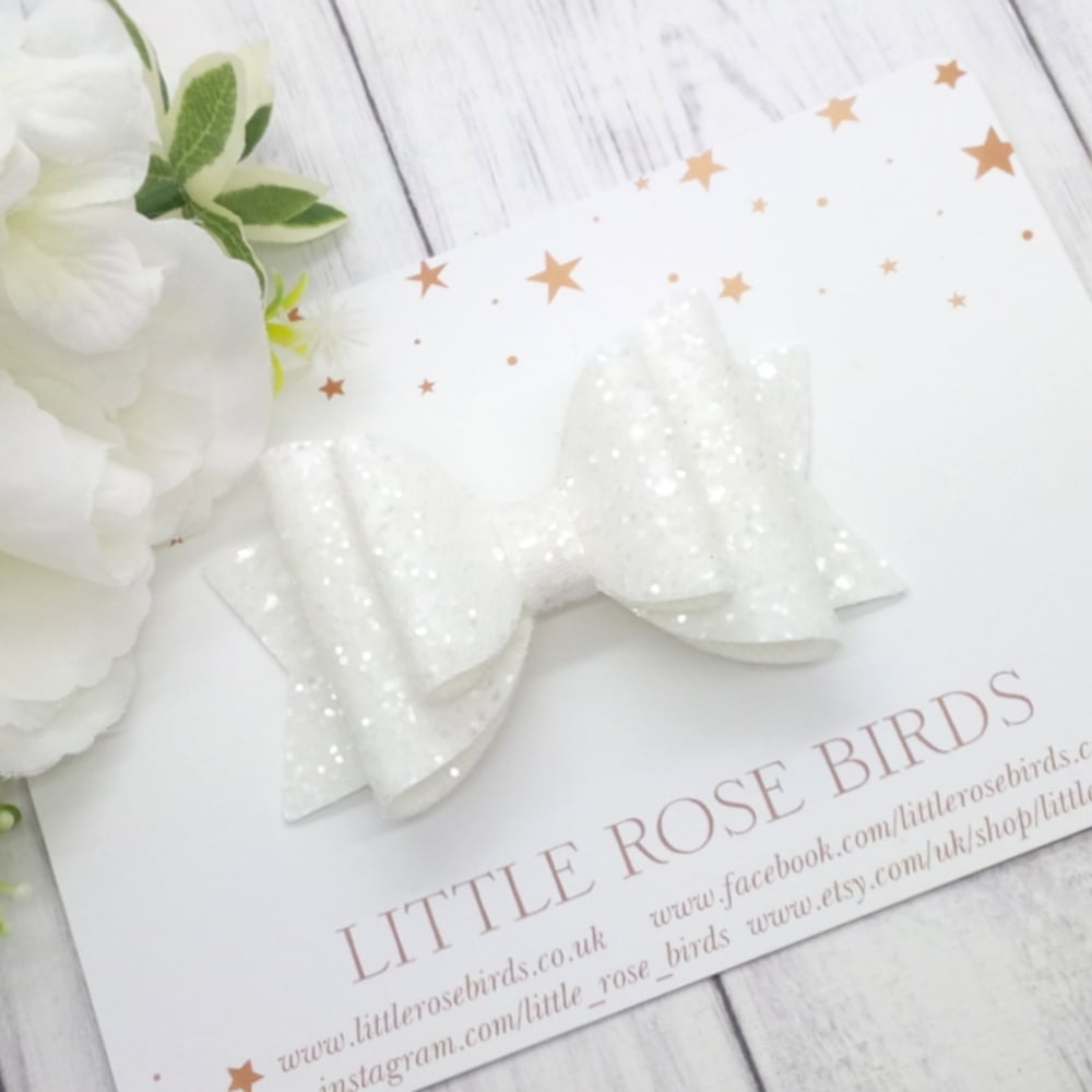 Image of White Glitter Bow - Choice of Headband or Clip