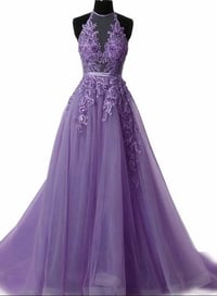 Image 1 of Lovely Light Purple Tulle Halter Long Evening Gown, Backless Party Dress