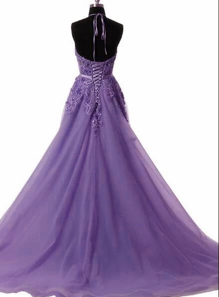Lovely Light Purple Tulle Halter Long Evening Gown, Backless Party Dress