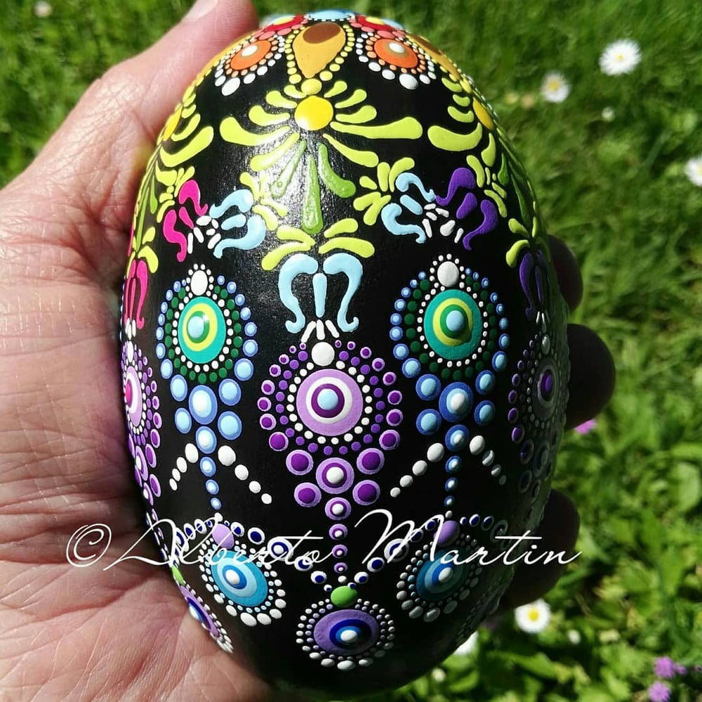 Image of Spring 1-2020. Multicolored dot art painted egg-shaped stone Spring by ALBERTO MARTIN