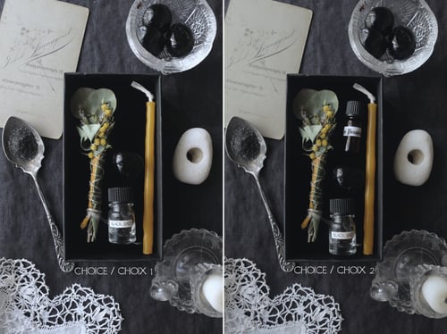 Image of DUR ÉCU. PROTECTION THEMED BOX ↟ organic smoke wand, black salt, candle, black tourmaline 
