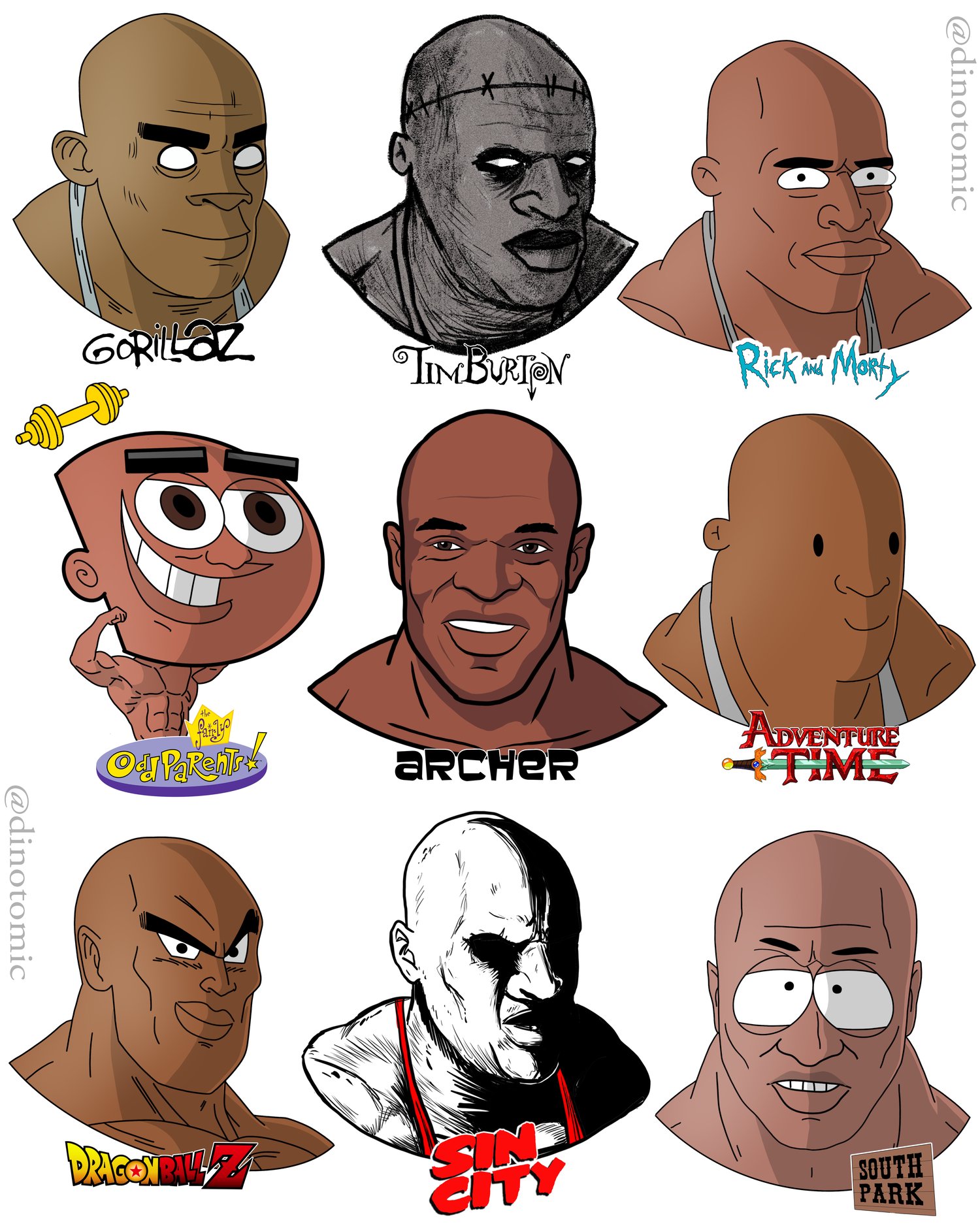 Image of #212 Ronnie Coleman drawn in different styles 