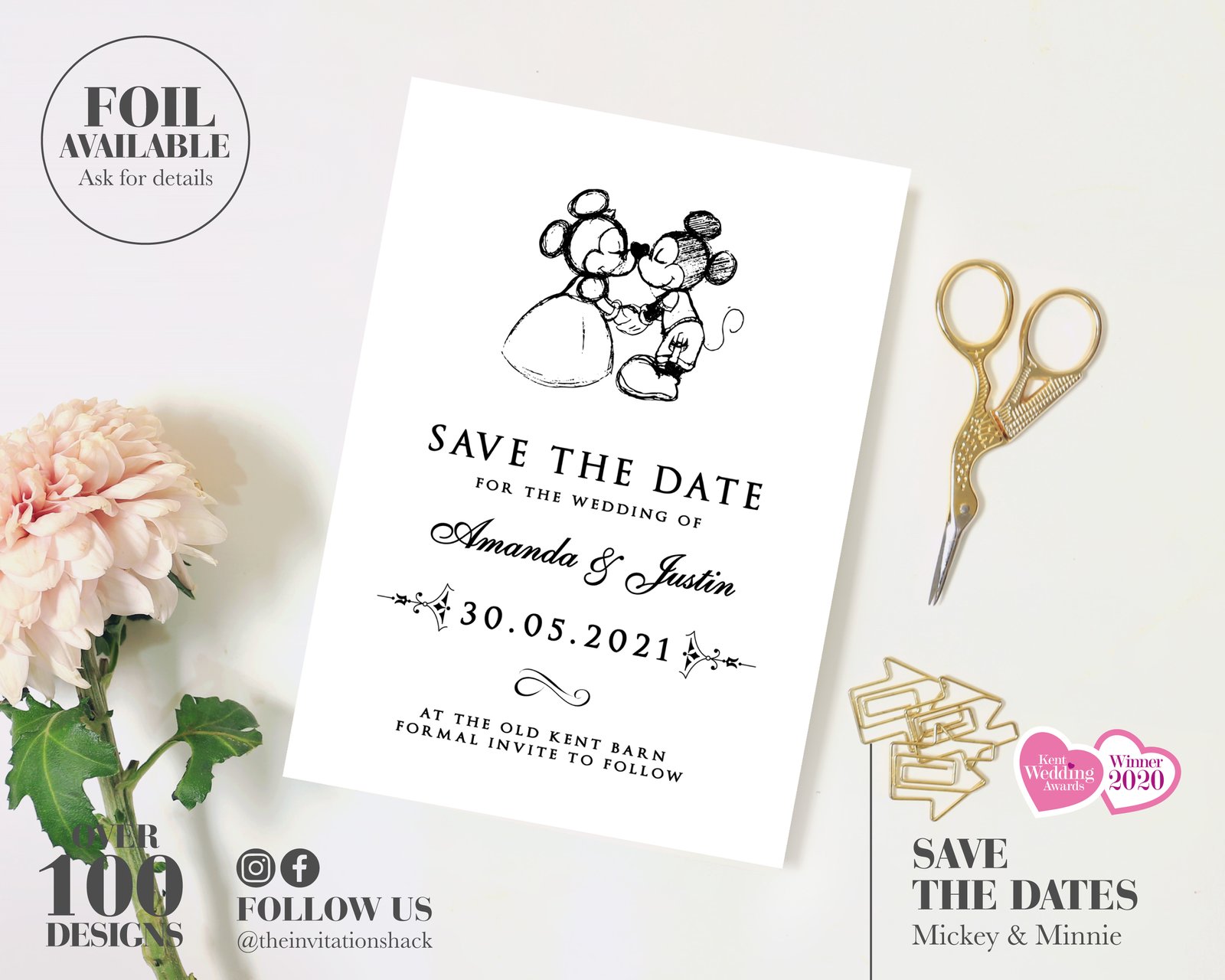 100 Personalized Disney Mickey and Minnie Pink Wedding Save The Date Cards 