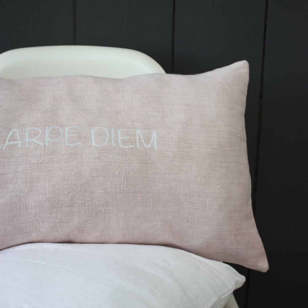 Image of Coussin Carpe Diem Chanvre rose.