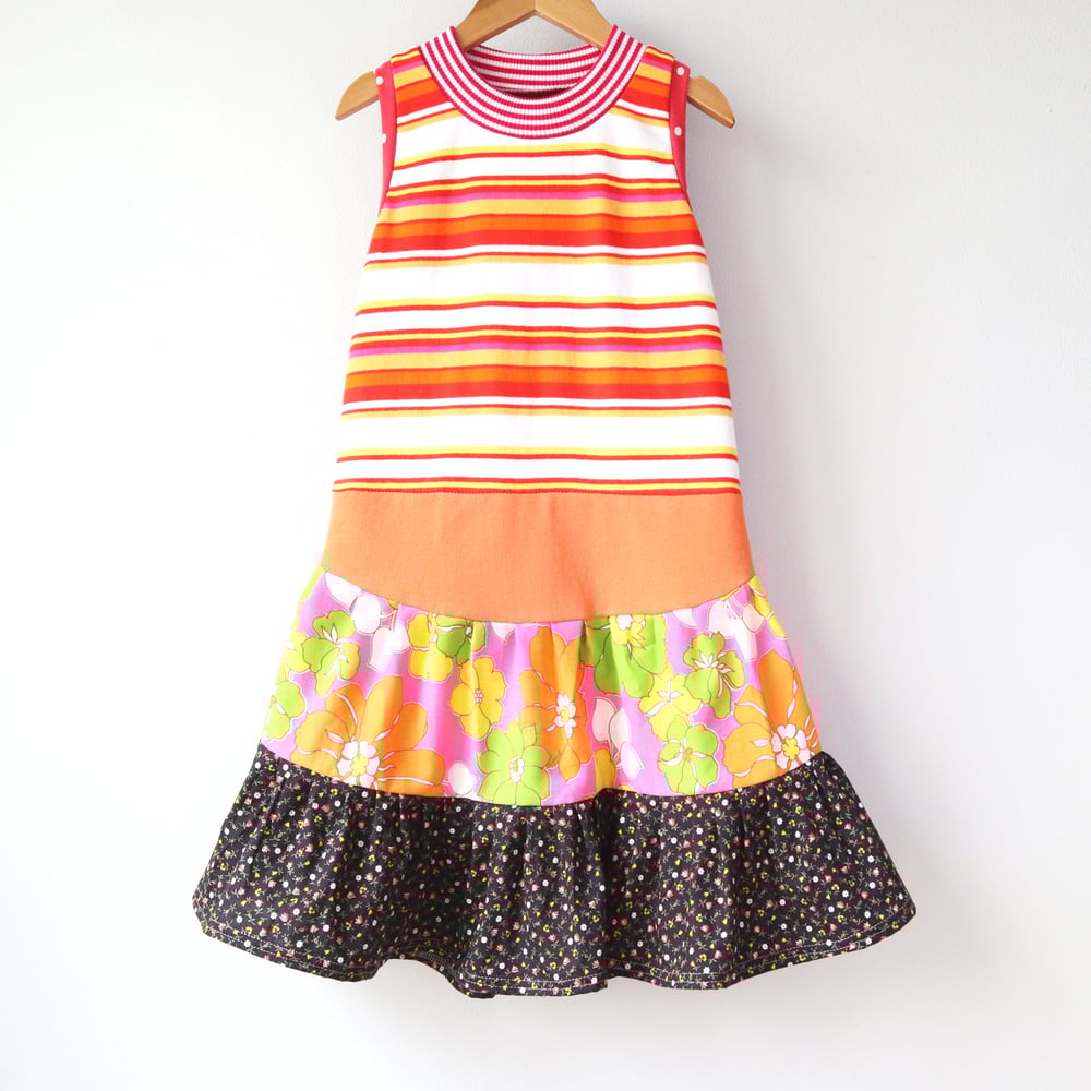 Image of citrus stripe groovy orange decades vintage floral 6/7 sleeveless swing dress summer tank flouncy