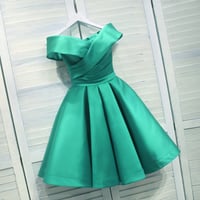 Image 1 of Green Satin Short Off Shoulder Prom Dress, Satin Wedding Party Dress 