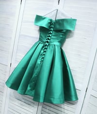 Image 3 of Green Satin Short Off Shoulder Prom Dress, Satin Wedding Party Dress 