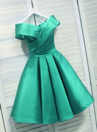 Image 2 of Green Satin Short Off Shoulder Prom Dress, Satin Wedding Party Dress 