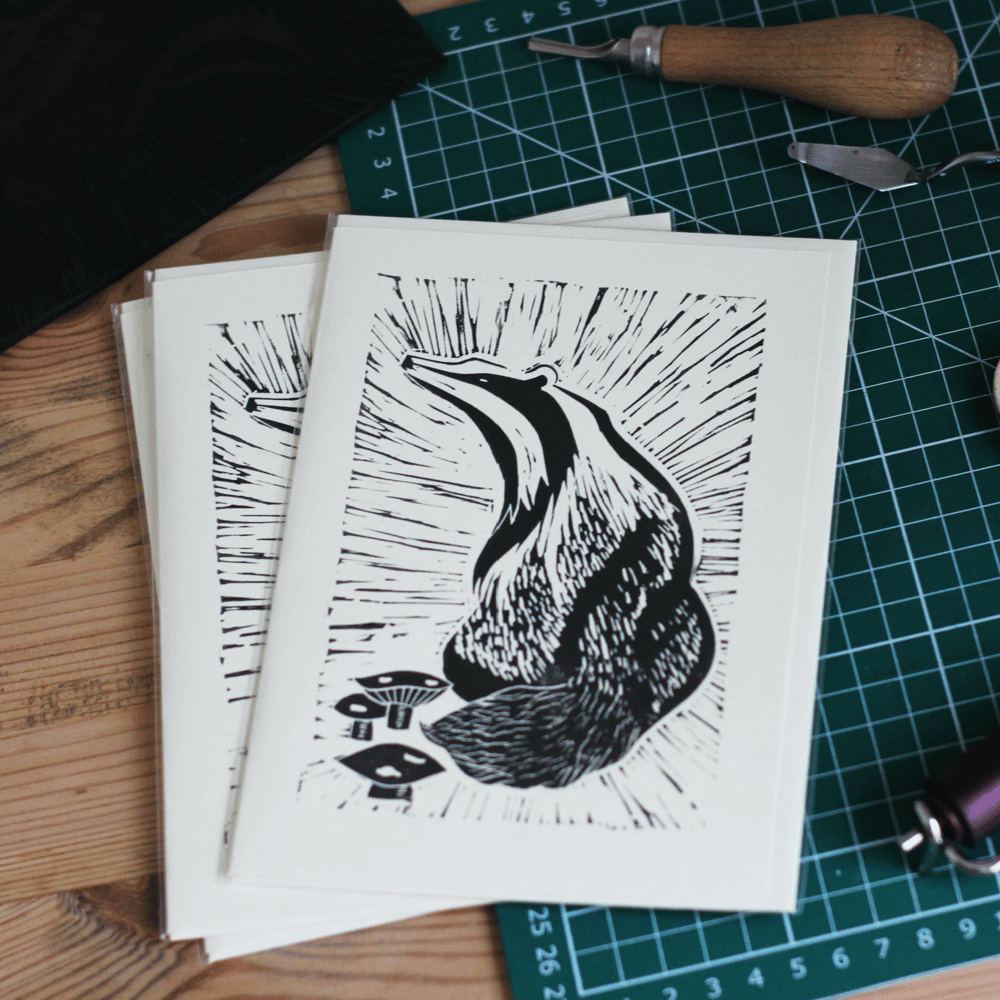 Image of Badger with toadstools 5x7 inch card