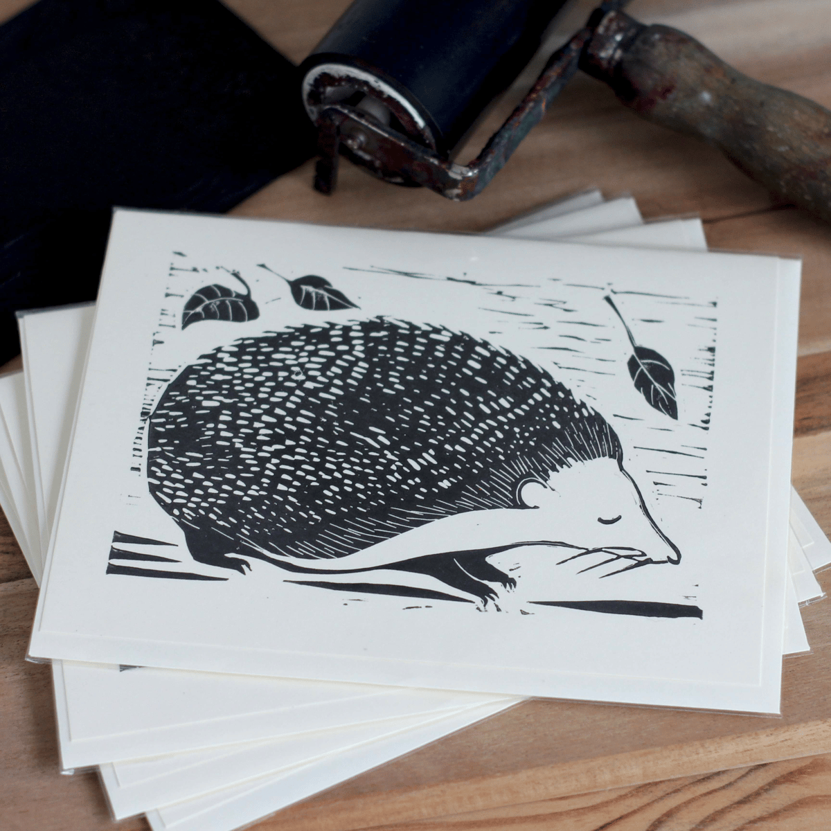 Image of Hedgehog with autumn leaves 5x7 inch card
