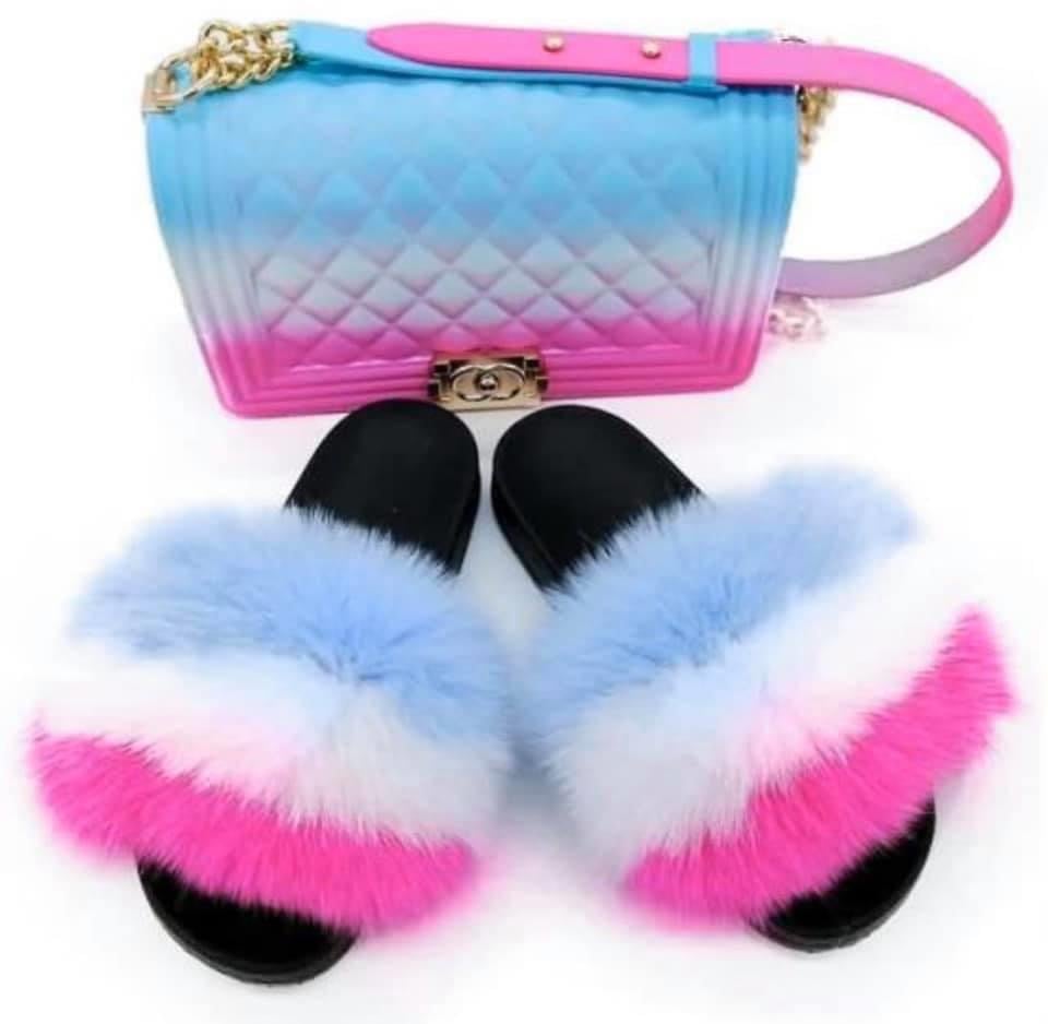 Fur slides sale with matching purse