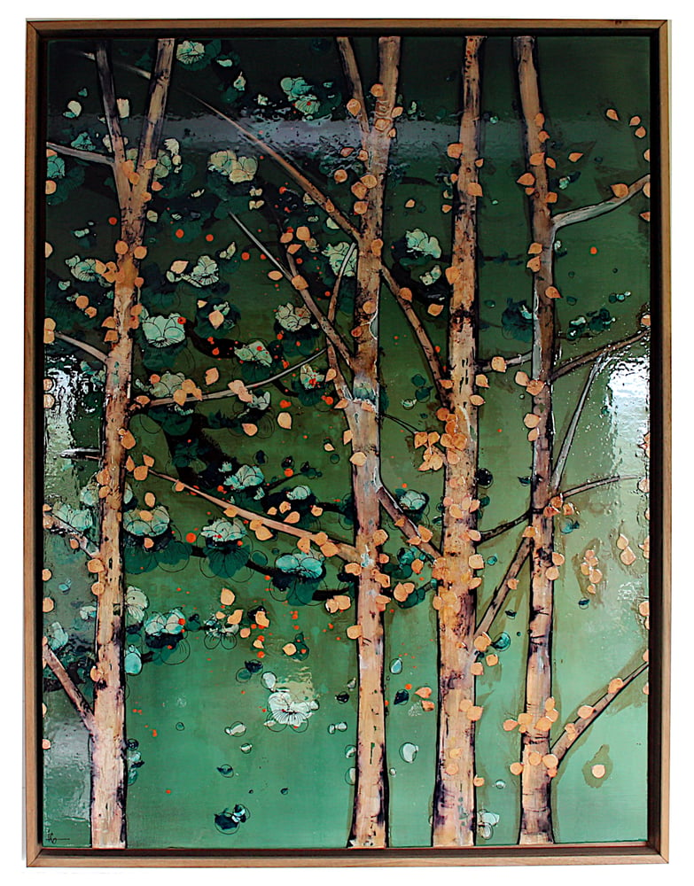 Image of Original Canvas - Birch and Blossoms on Jade - 30" x 40"