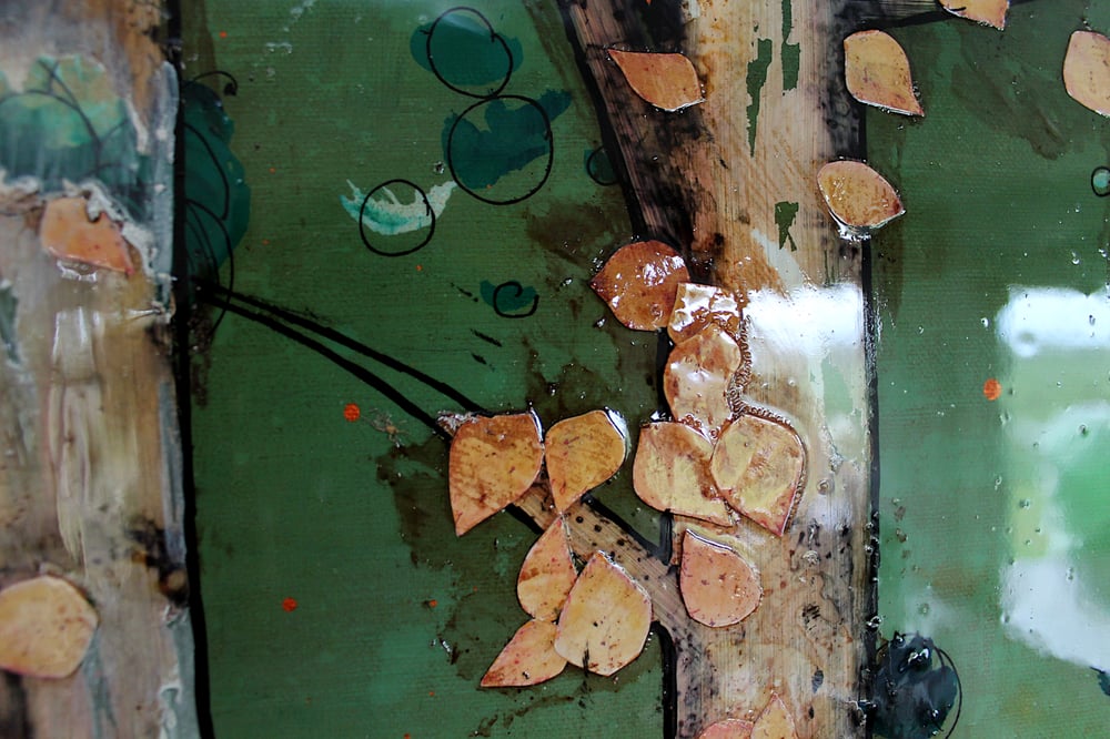 Image of Original Canvas - Birch and Blossoms on Jade - 30" x 40"