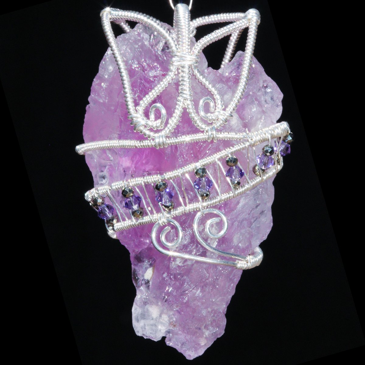 Etched Lavender Amethyst Crystal Woven Wire Wrap Pendant