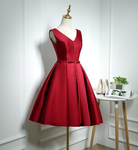Cute Dark Red Satin V-neckline Party Dress, Homecoming Dresses | BeMyBridesmaid Cute Dark Red Satin V-neckline Party Dress, Homecoming Dresses | BeMyBridesmaid