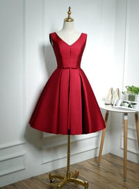 Image 1 of Cute Dark Red Satin V-neckline Party Dress, Homecoming Dresses