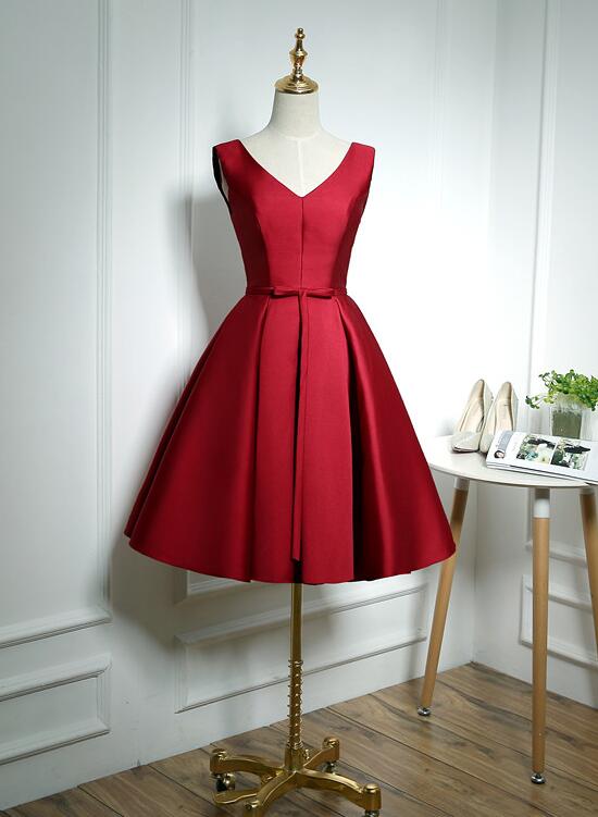 Cute Dark Red Satin V-neckline Party Dress, Homecoming Dresses | BeMyBridesmaid Cute Dark Red Satin V-neckline Party Dress, Homecoming Dresses | BeMyBridesmaid