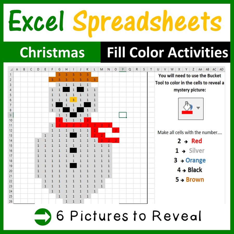 Image of Excel Spreadsheets Christmas Mystery Pictures Fill Color (Pixel Art)