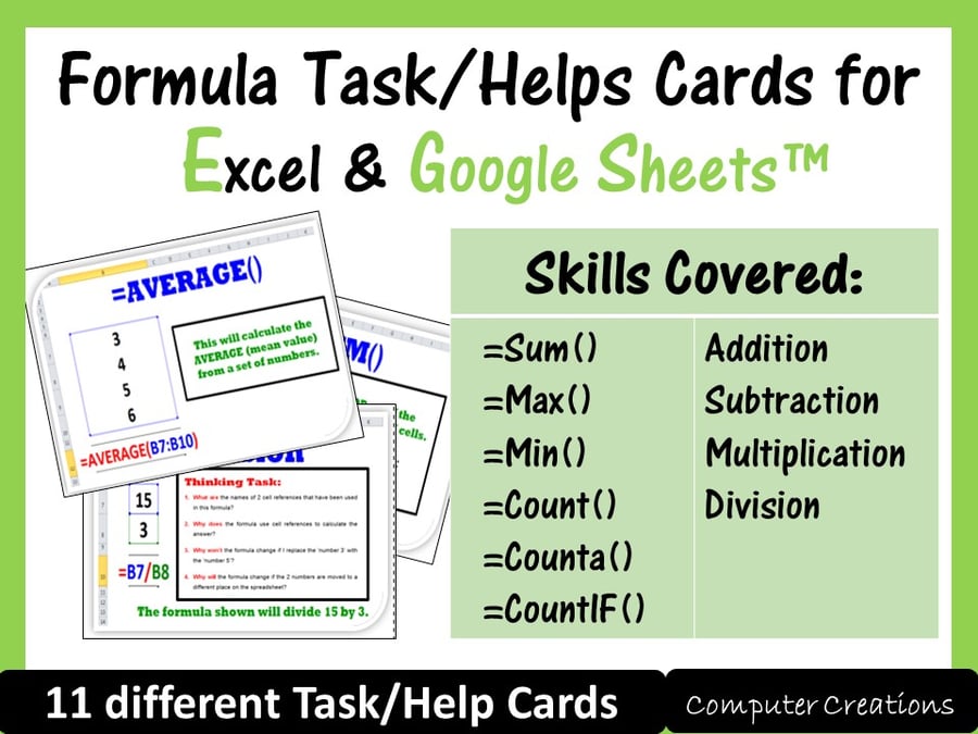 Image of Task/Help Cards (Formula Practice) - for Google Sheets™ & Excel Spreadsheets