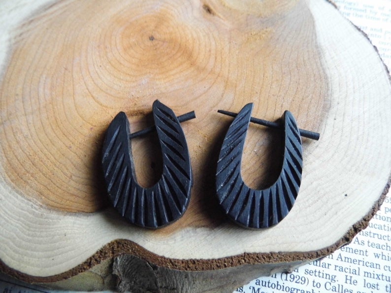 Carved Black Wooden Hoop Earrings