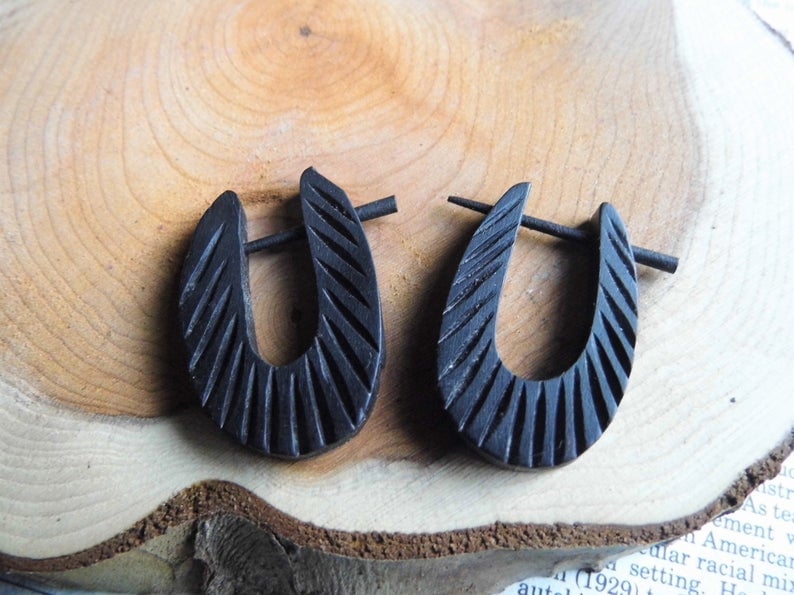 Carved Black Wooden Hoop Earrings