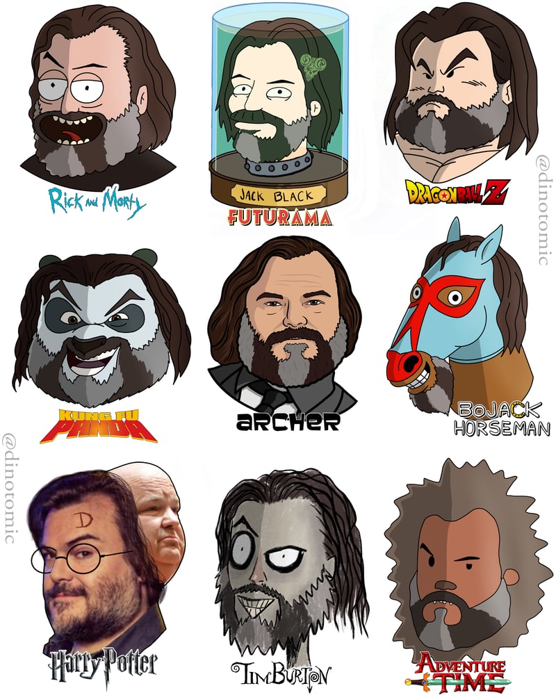Image of #214 Jack Black drawn in different styles 