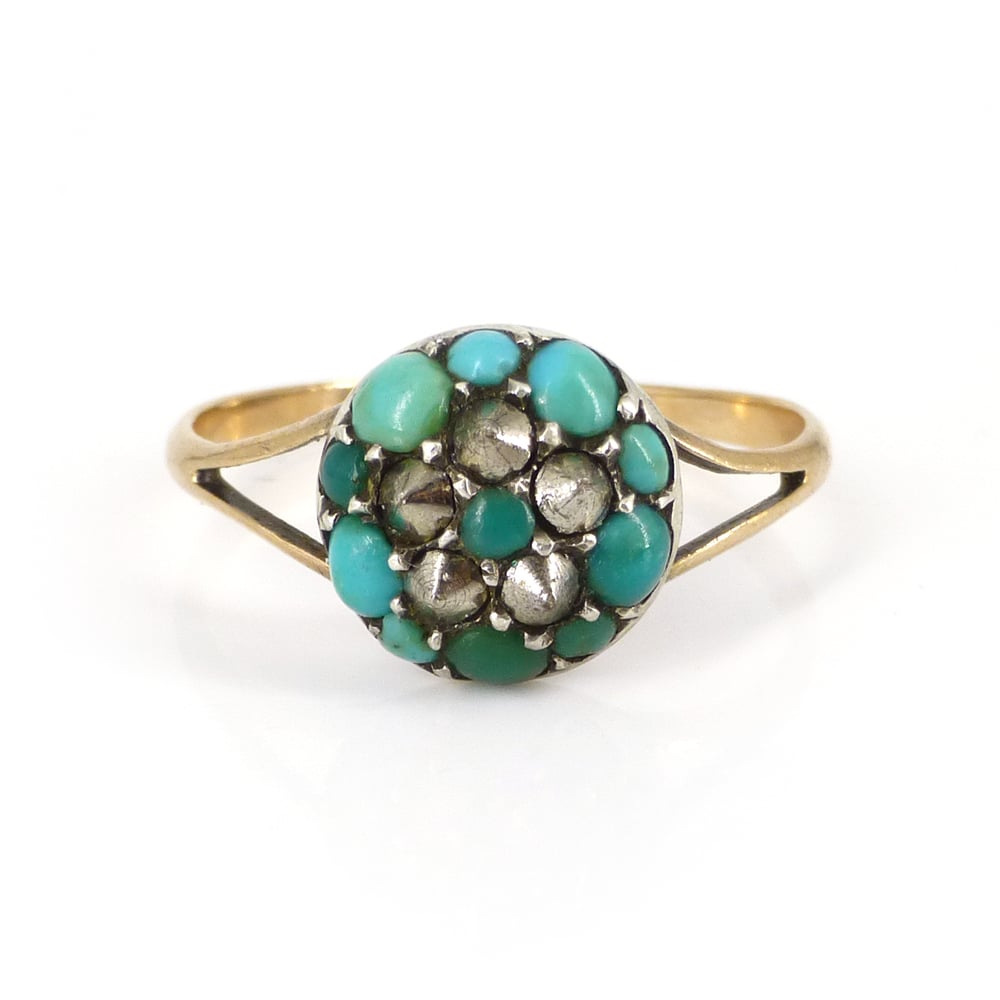 Image of Antique Victorian Gold Turquoise & Marcasite Floral Studded Ring