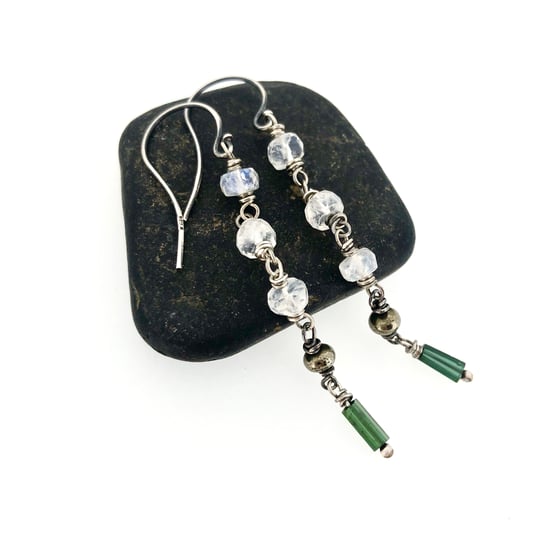 Image of Rainbow moonstone and green tourmaline earrings
