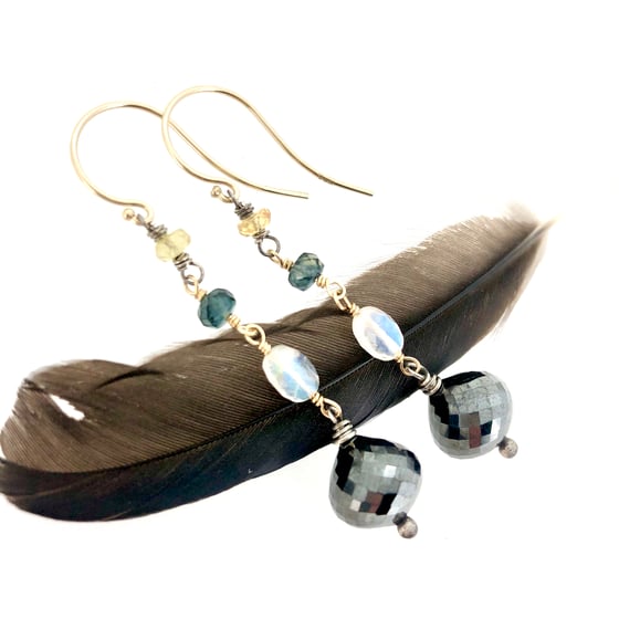 Image of Hematite and sapphire earrings in 14k gold