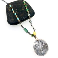 Image 1 of Boho paisley necklace with emeralds and Kingman turquoise