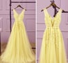 Beautiful Yellow Tulle V-neckline Party Dress, Yellow Long Prom Dress