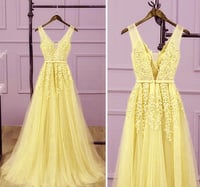 Image 2 of Beautiful Yellow Tulle V-neckline Party Dress, Yellow Long Prom Dress
