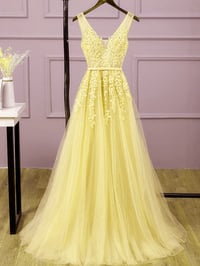 Image 1 of Beautiful Yellow Tulle V-neckline Party Dress, Yellow Long Prom Dress