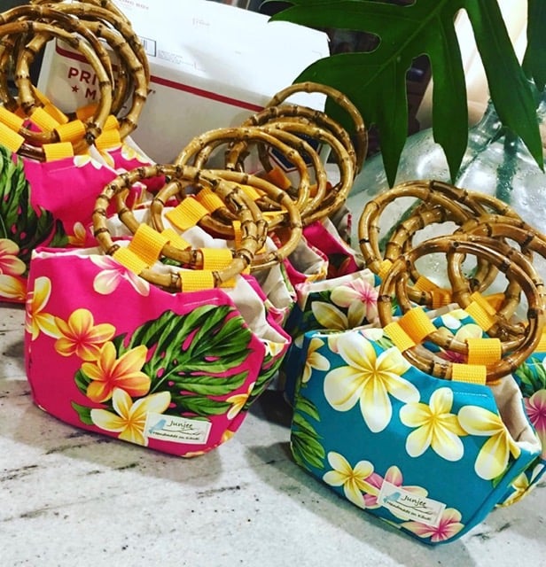 Keiki Bag Plumeria with Bamboo Handle for Girls, One of Kind, Handmade on Kauai
