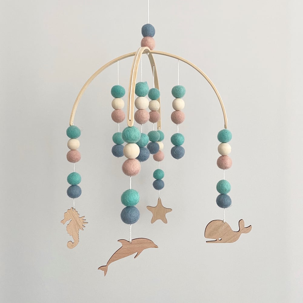 Image of Under the Sea Mobile - pink, mint, steel blue & raw wood