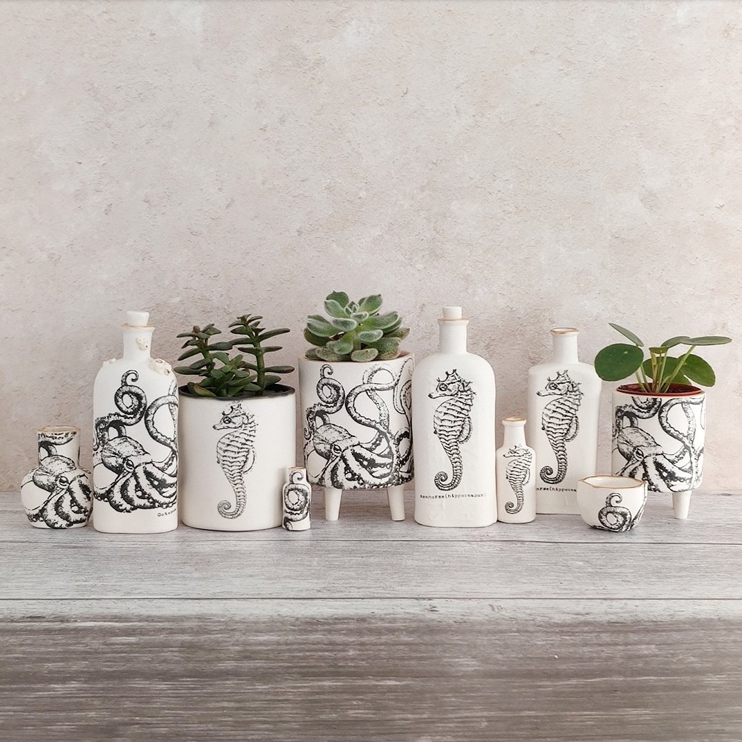 Large porcelain seahorse hanging planter