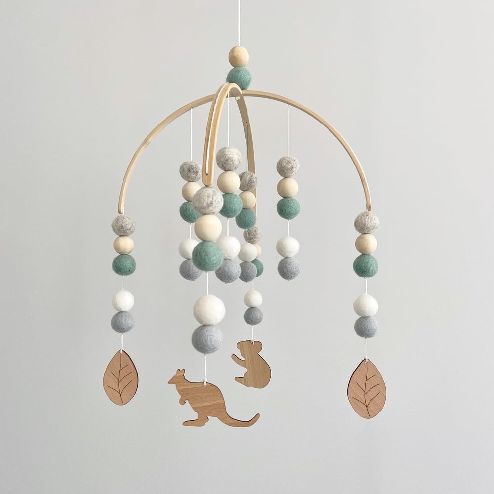 Image of Australiana Felt ball mobile - mint, greys, white & wood