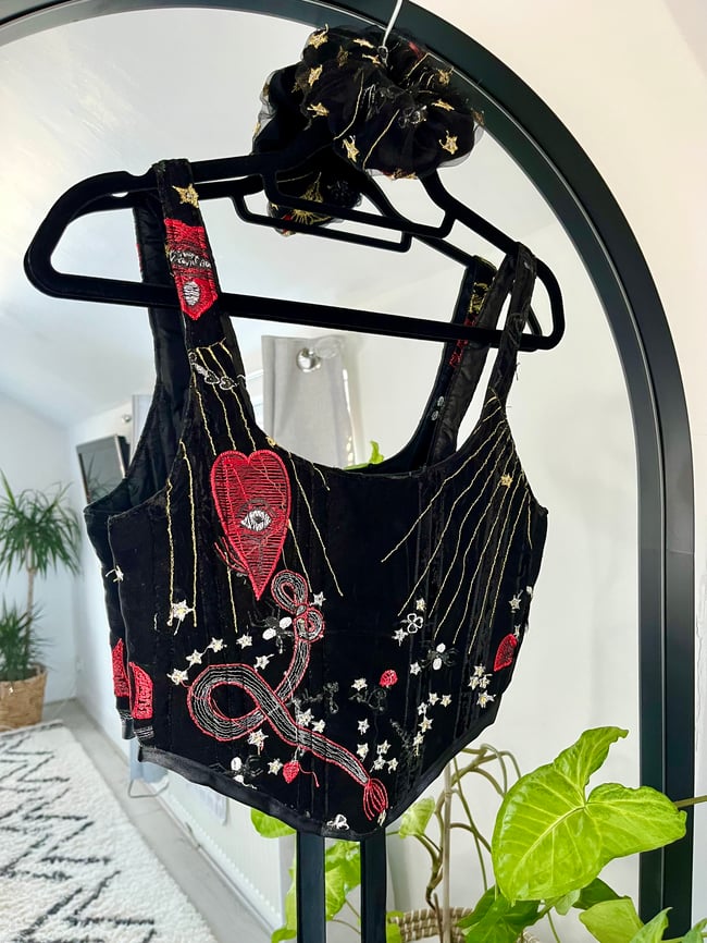 Handmade sun and heart embroidered tulle corset