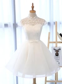 Image 1 of Cute White Cap Sleeves Graduation Dress, Short Party Dress