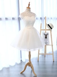 Image 2 of Cute White Cap Sleeves Graduation Dress, Short Party Dress