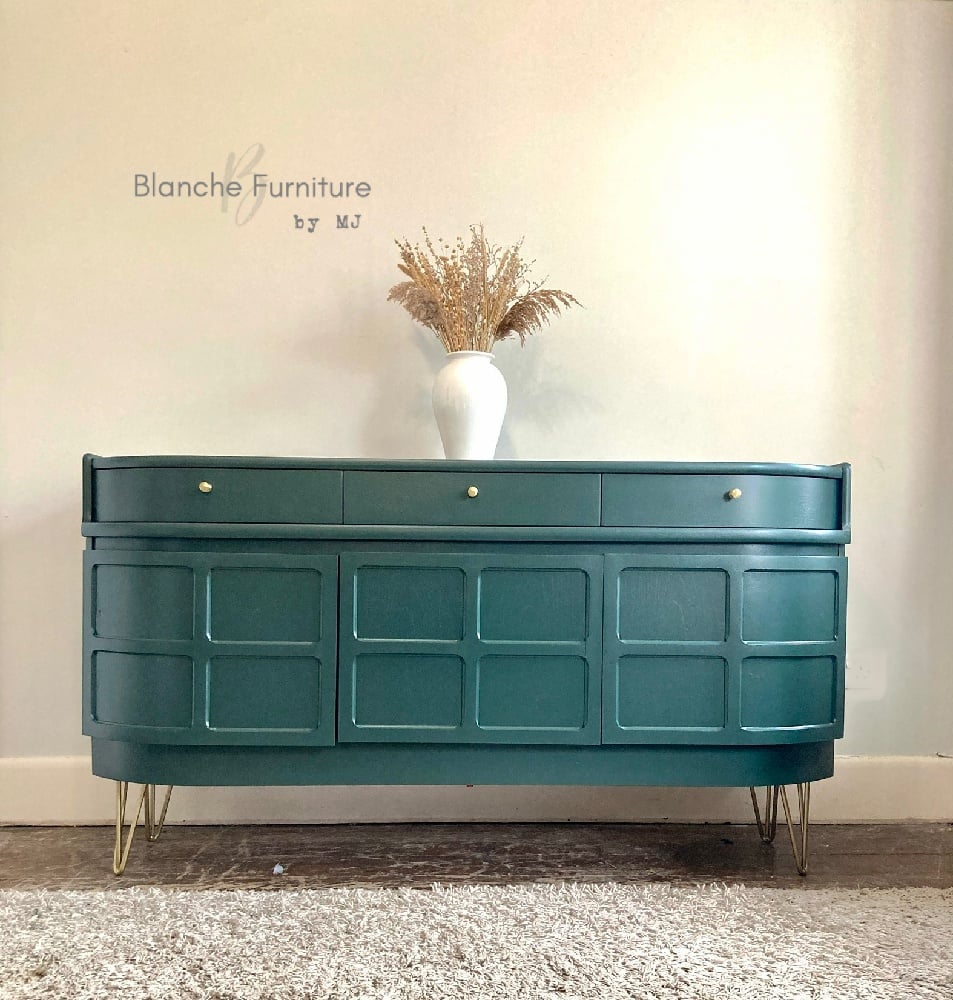 Stunning Nathan Curved Sideboard in Bottle Green on Gold Hairpin legs