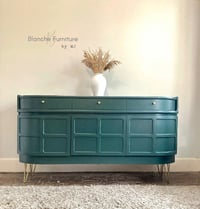 Image 1 of Luxurious, Large Nathan Curved Sideboard in Bottle Green on Gold Hairpin legs