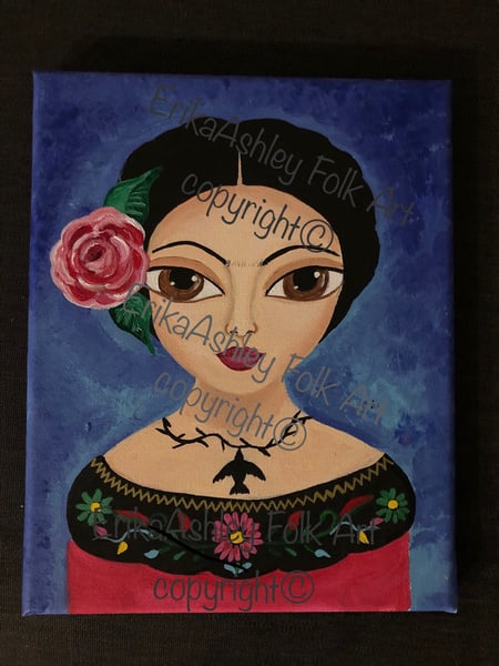 Image of Frida Kahlo Folk Art - Blue 8 x 10