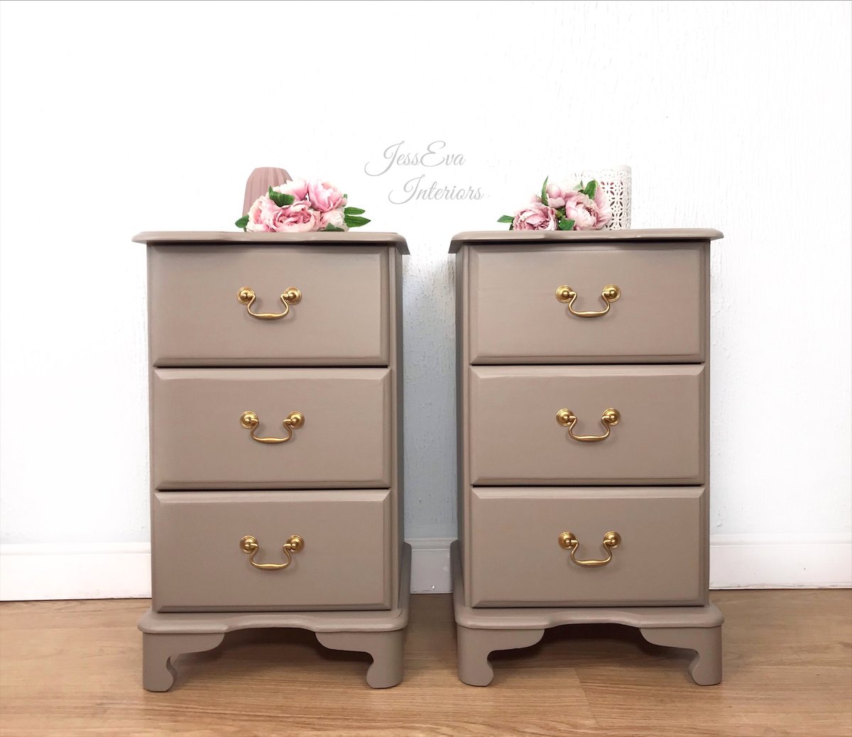 Pair of BEDSIDE TABLES / BEDSIDE DRAWERS / BEDSIDE CABINETS painted in neutral Taupe.