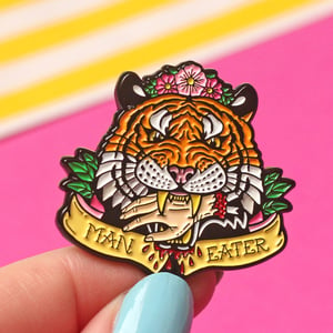 Image of 'Man Eater' tiger enamel pin - tiger king - flower crown - exotic tiger - pin badge