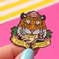 Image 1 of 'Man Eater' tiger enamel pin - tiger king - flower crown - exotic tiger - pin badge