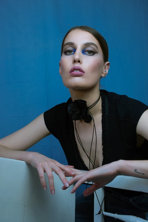 Image of Black leather flower necklace on strands