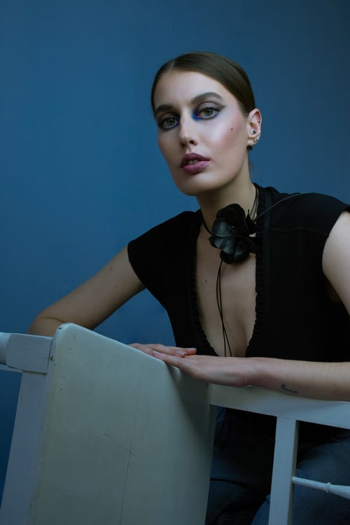 Image of Black leather flower necklace on strands