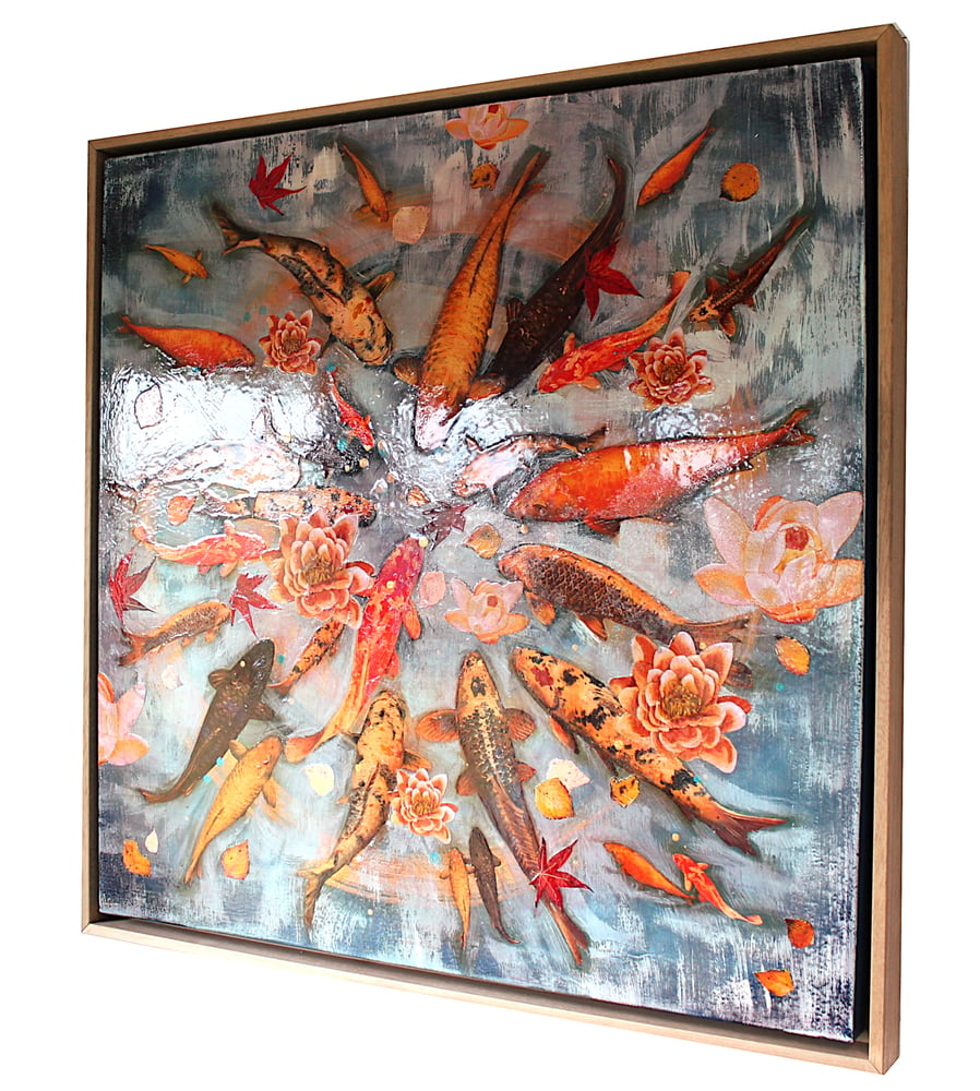 Image of Original Canvas - Koi Pond with Lilies and Leaves - 30" x 30"