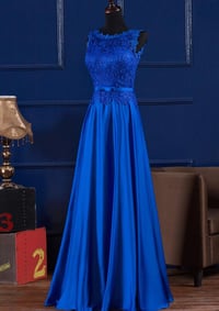 Image 1 of Royal Blue Satin with Lace Bodice Long Party Dress, Blue Evening Gown